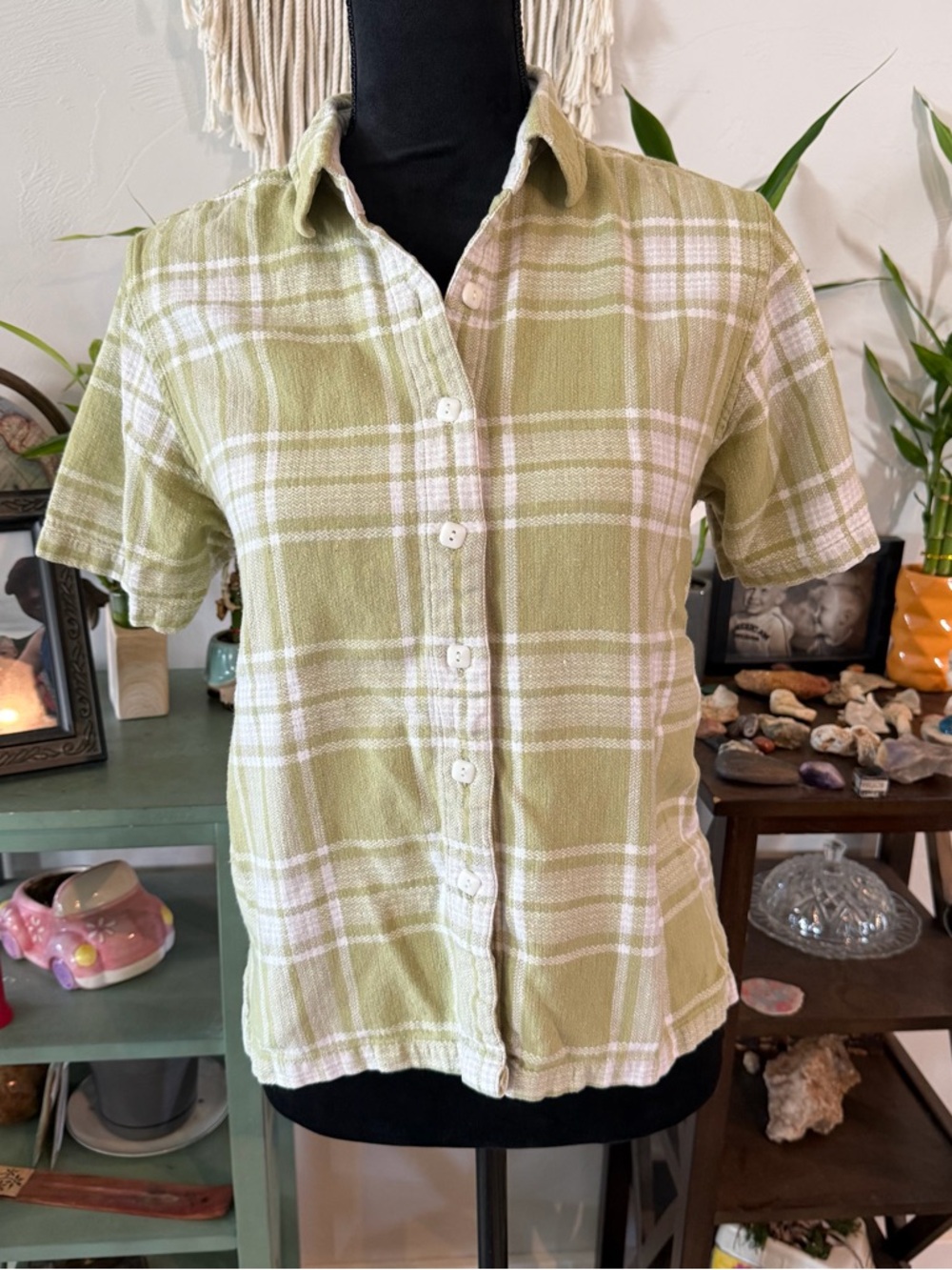 Christopher & Banks Light Green and White Plaid Short-Sleeve Button-Up